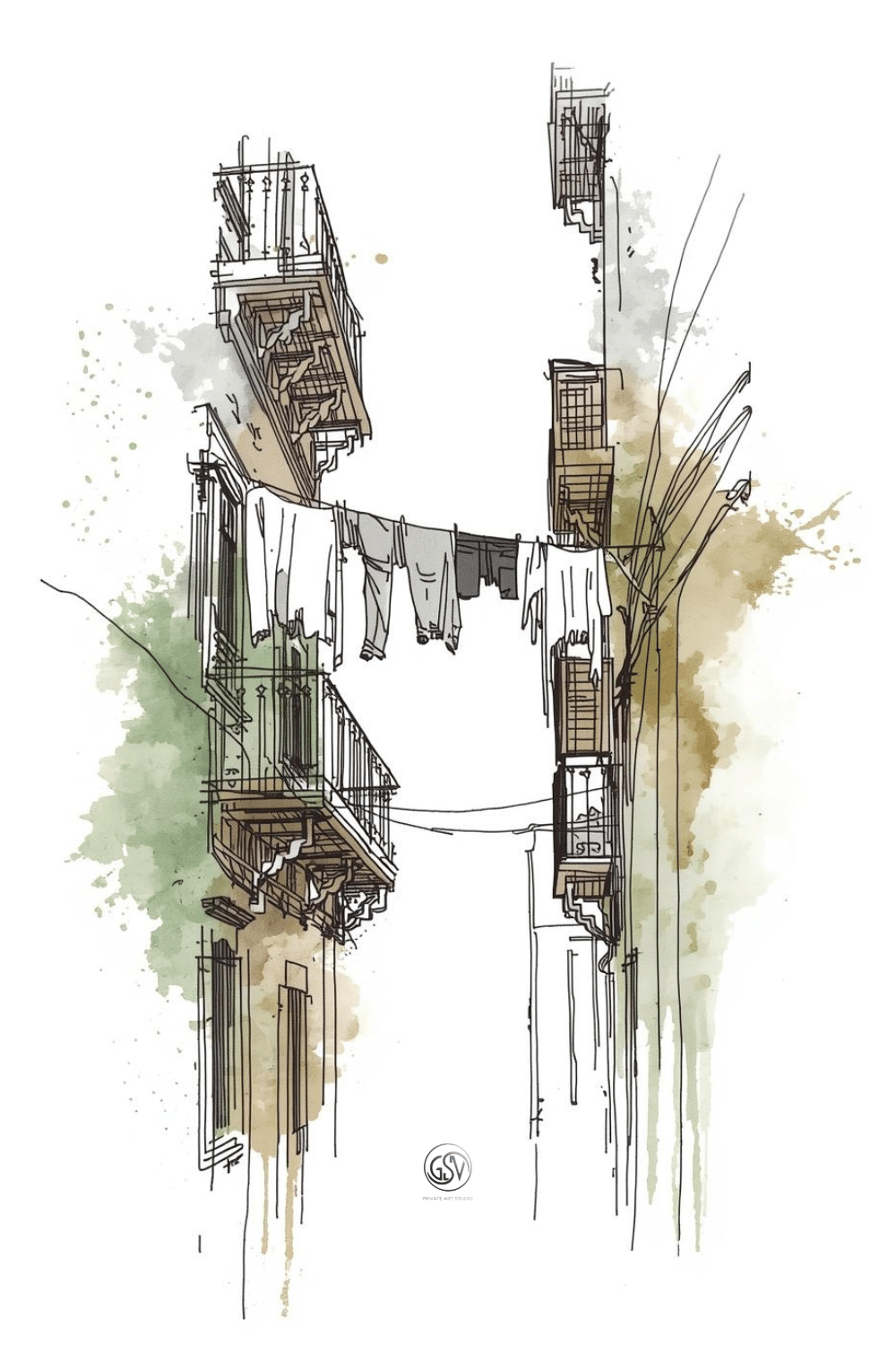 Ink and watercolor sketch of laundry hanging between old balconies in a narrow street, expressive architectural illustration