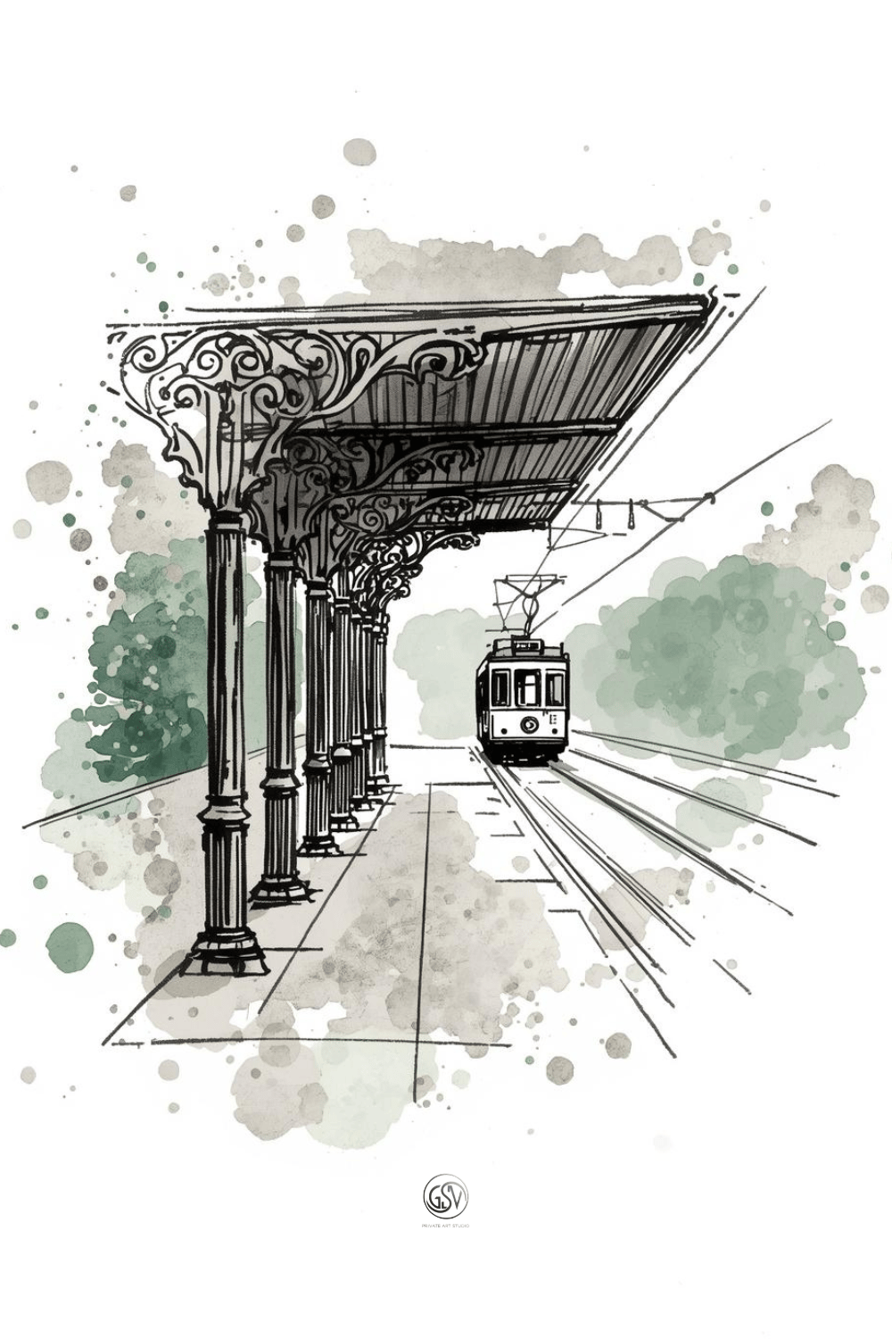 Ink and watercolor sketch of an ornate iron colonnade with a vintage tram approaching, expressive station illustration