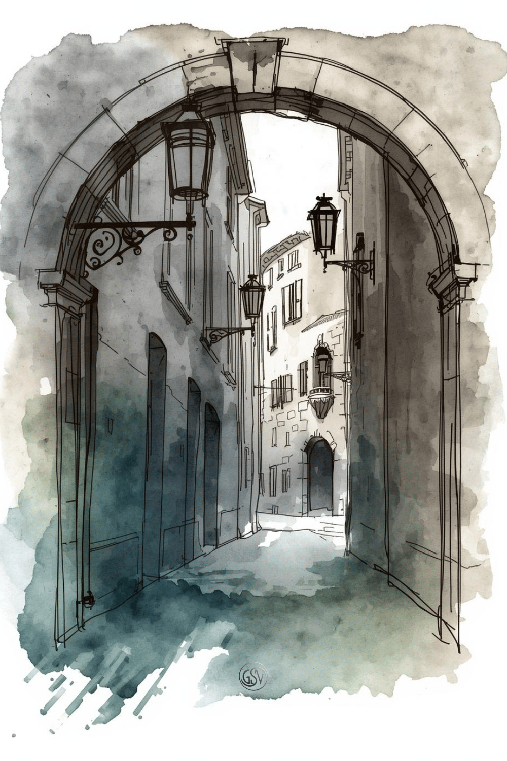 Ink and watercolor sketch of a stone archway leading into a narrow lantern-lit alley, expressive old town illustration