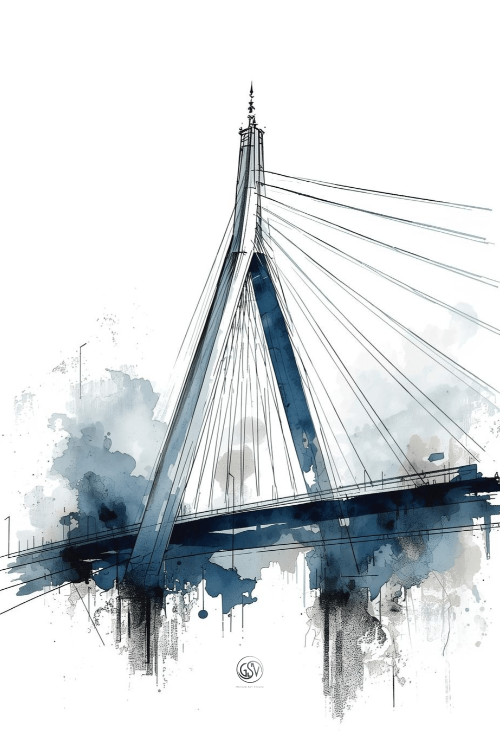 Ink and watercolor sketch of a cable-stayed suspension bridge tower, expressive architectural illustration in deep blue