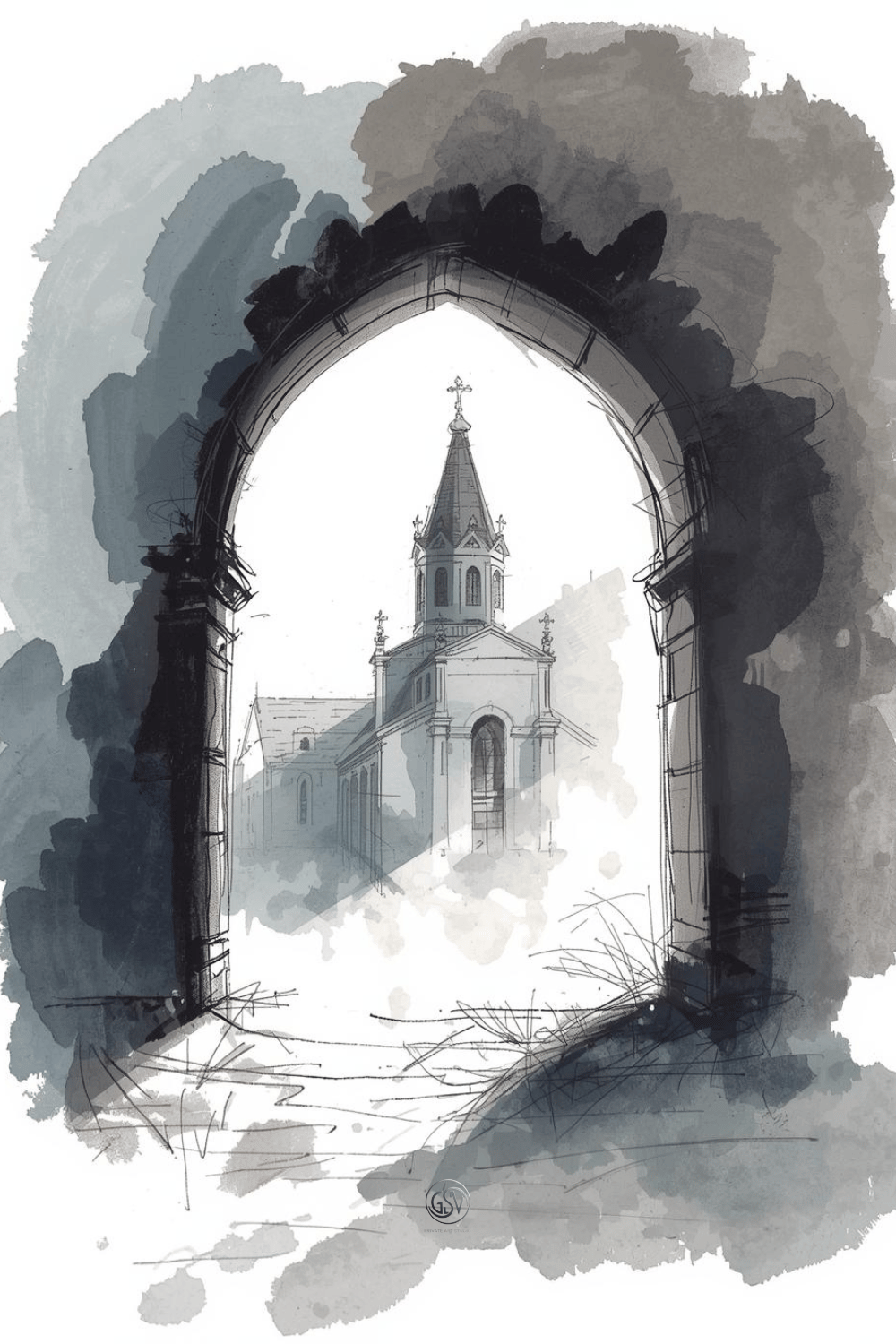 Ink and watercolor sketch of a distant cathedral framed by a dark stone archway, expressive architectural illustration