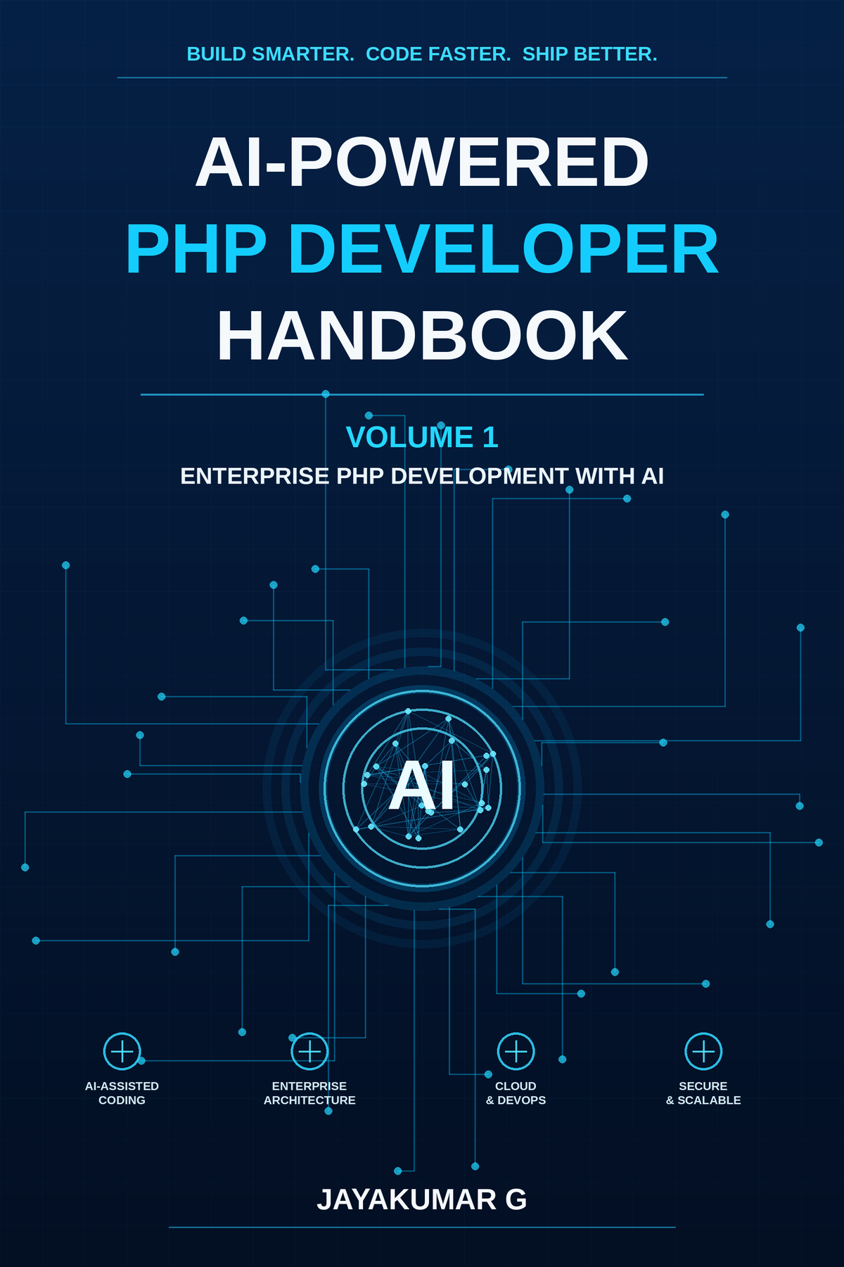 AI-Powered PHP Developer Handbook Volume 1 ebook cover by Jayakumar G for enterprise PHP development with AI