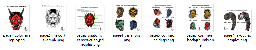 Preview pages showing Oni mask linework, structural annotations, orientation studies, and traditional motif pairing guides.