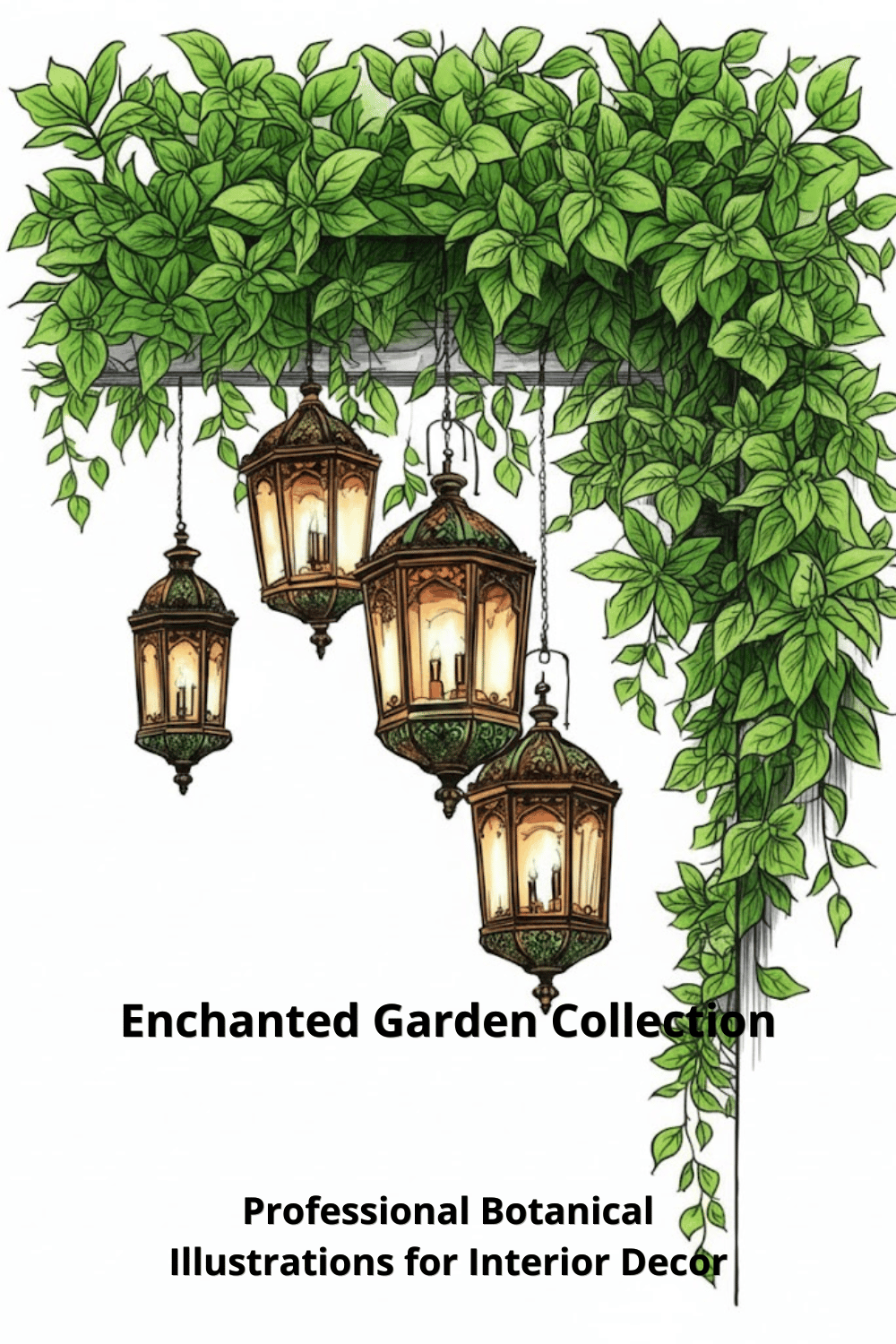 A decorative title image for the "Enchanted Garden Collection," featuring four hanging Moroccan-style lanterns suspended from a beam covered in lush, trailing green ivy on a white background. The title text is clearly visible at the bottom.
