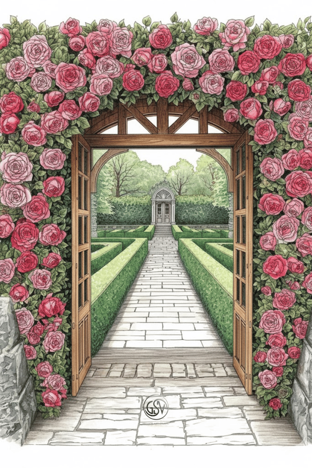 A vibrant illustration of a rose-covered arbor framing a paved pathway leading through manicured boxwood hedges to a distant garden gate, all rendered in an elegant botanical style.