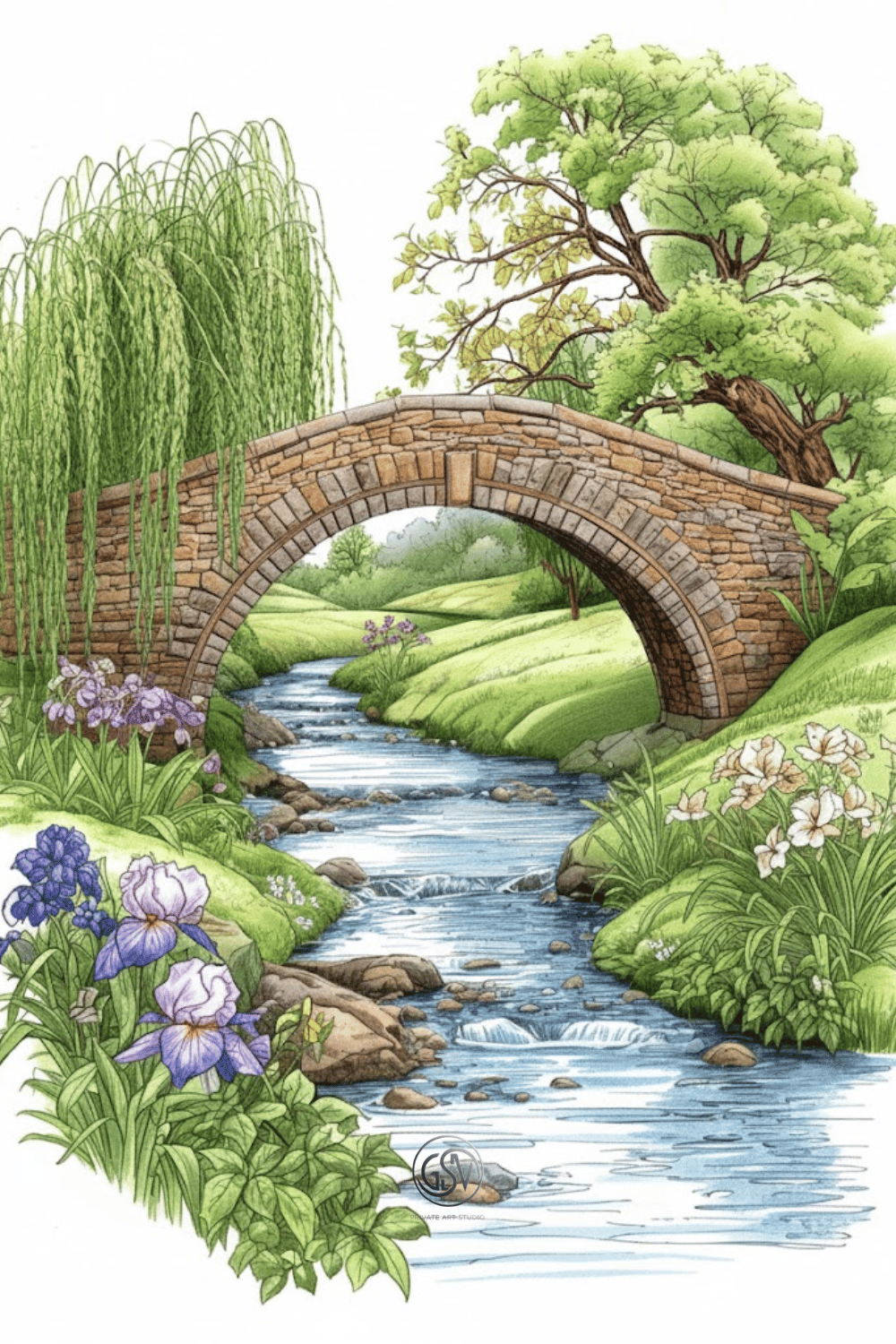 A detailed drawing of an arched stone bridge over a winding stream, flanked by weeping willows and blooming purple and white irises, capturing a tranquil garden scene.