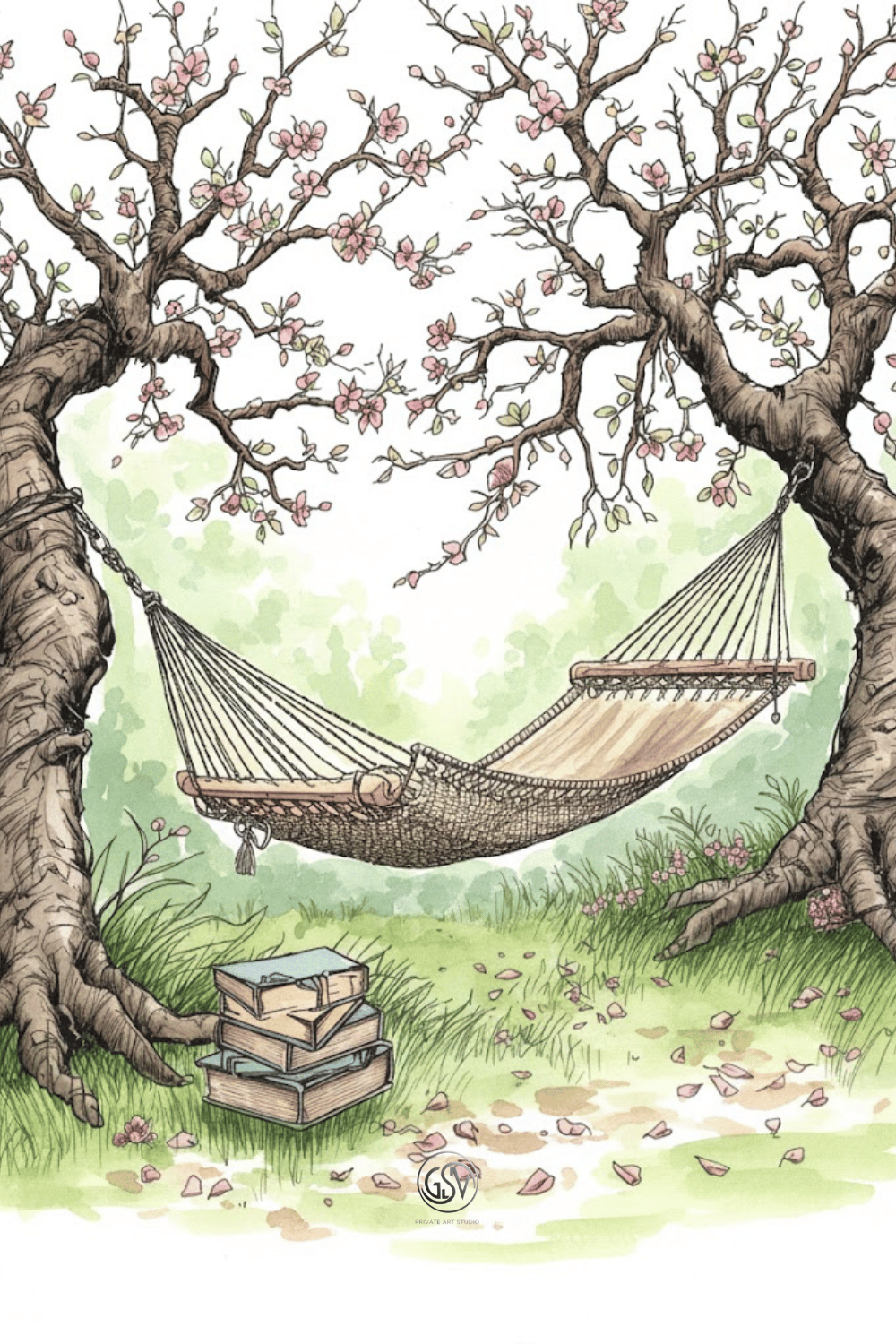 An illustration of a woven hammock hanging between two mature, pink-blossomed trees, with a small stack of vintage books resting on the grass below, evoking a peaceful reading nook.