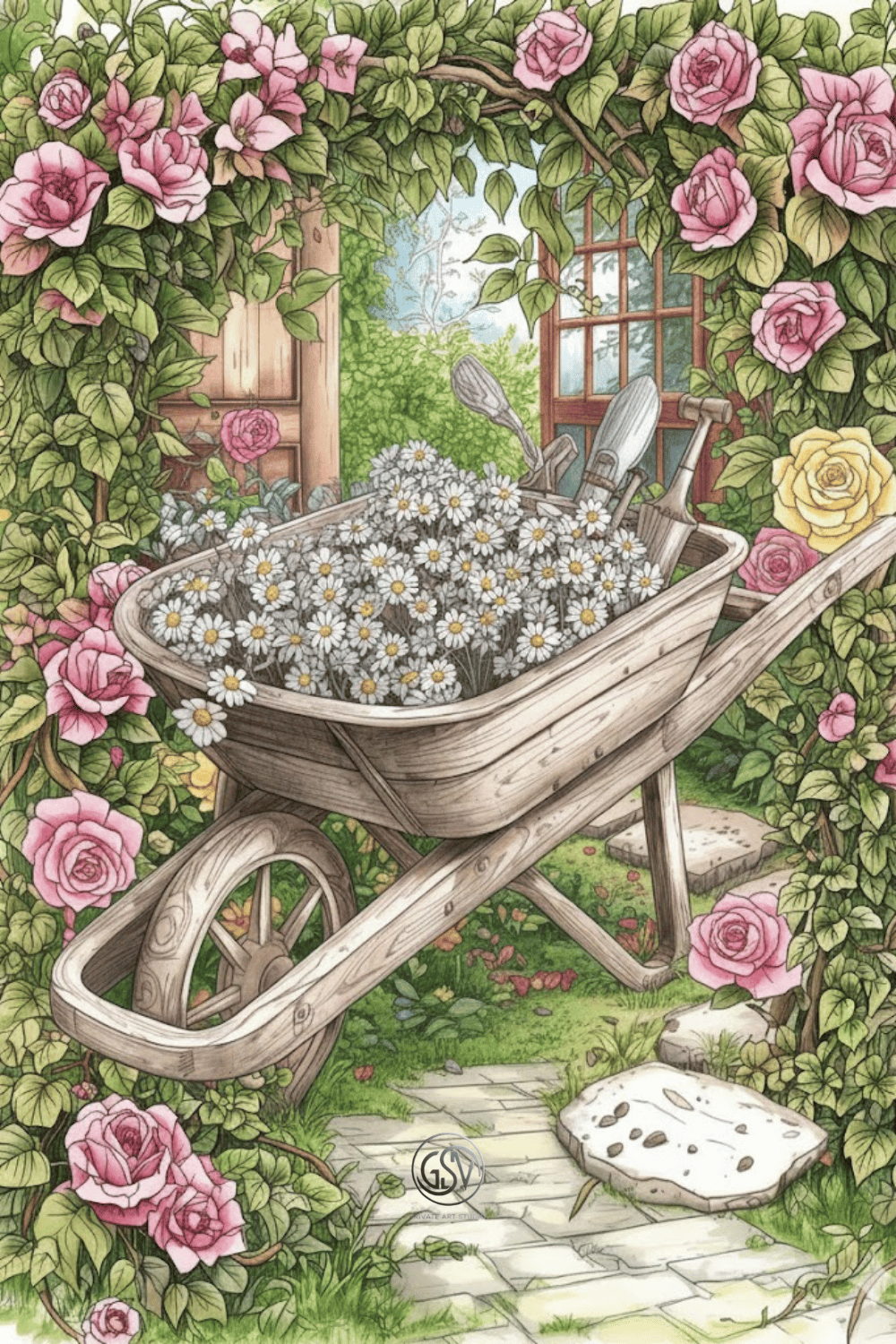 A vintage wooden wheelbarrow overflowing with white daisies, positioned at the end of a stone path and framed by lush pink and yellow climbing roses, against a backdrop of a rustic wooden gate.
