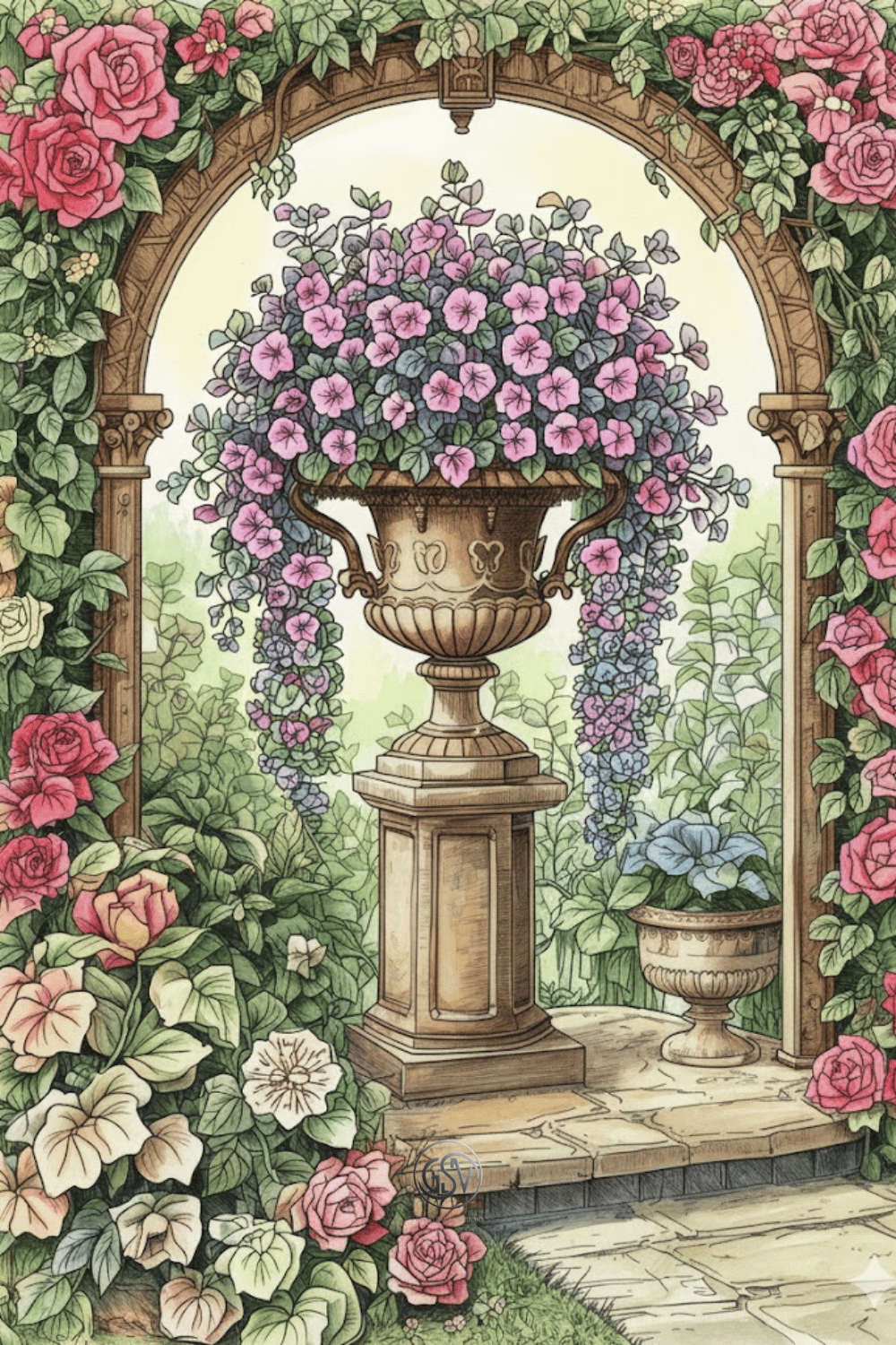 A detailed illustration of an ornate stone pedestal urn overflowing with pink petunias, centered within a stone archway framed by climbing roses and other garden foliage.
