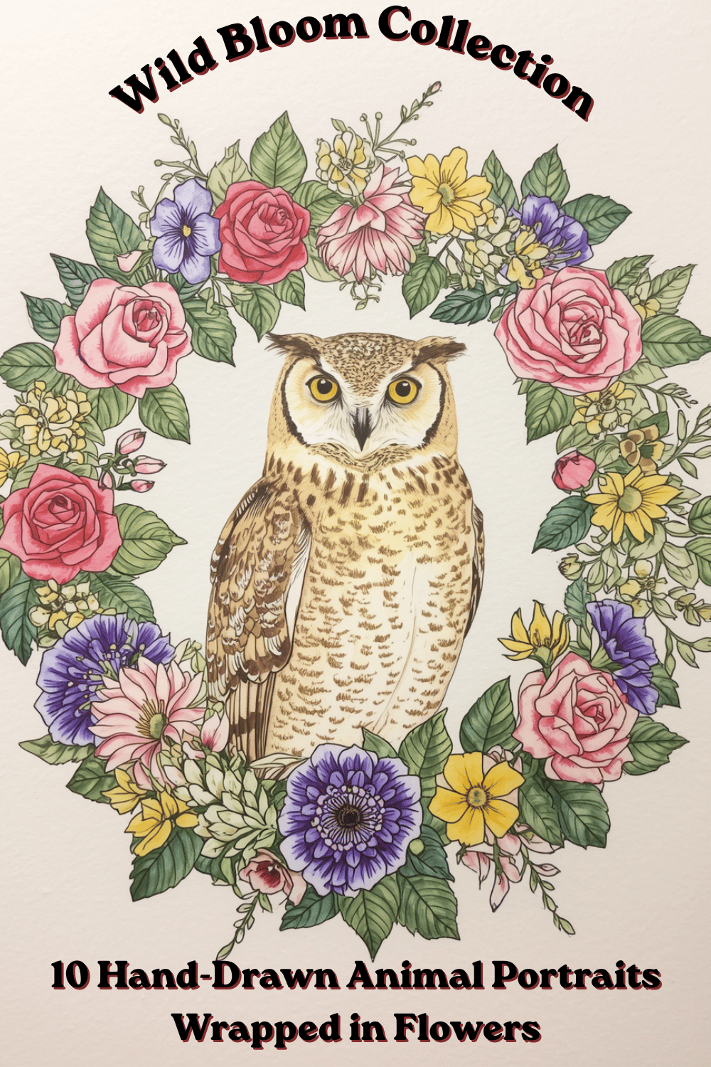 Wild Bloom Collection cover, illustration of an owl encircled by a colorful floral wreath, animal portrait wall art