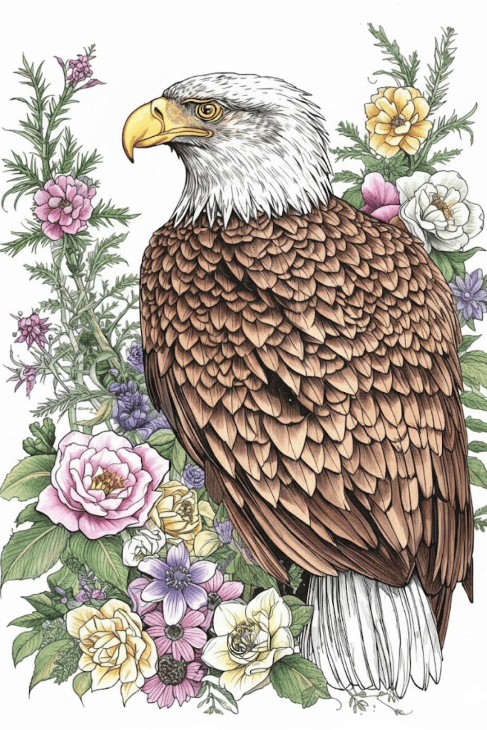 Colored illustration of a bald eagle surrounded by pink and yellow flowers, printable animal wall art