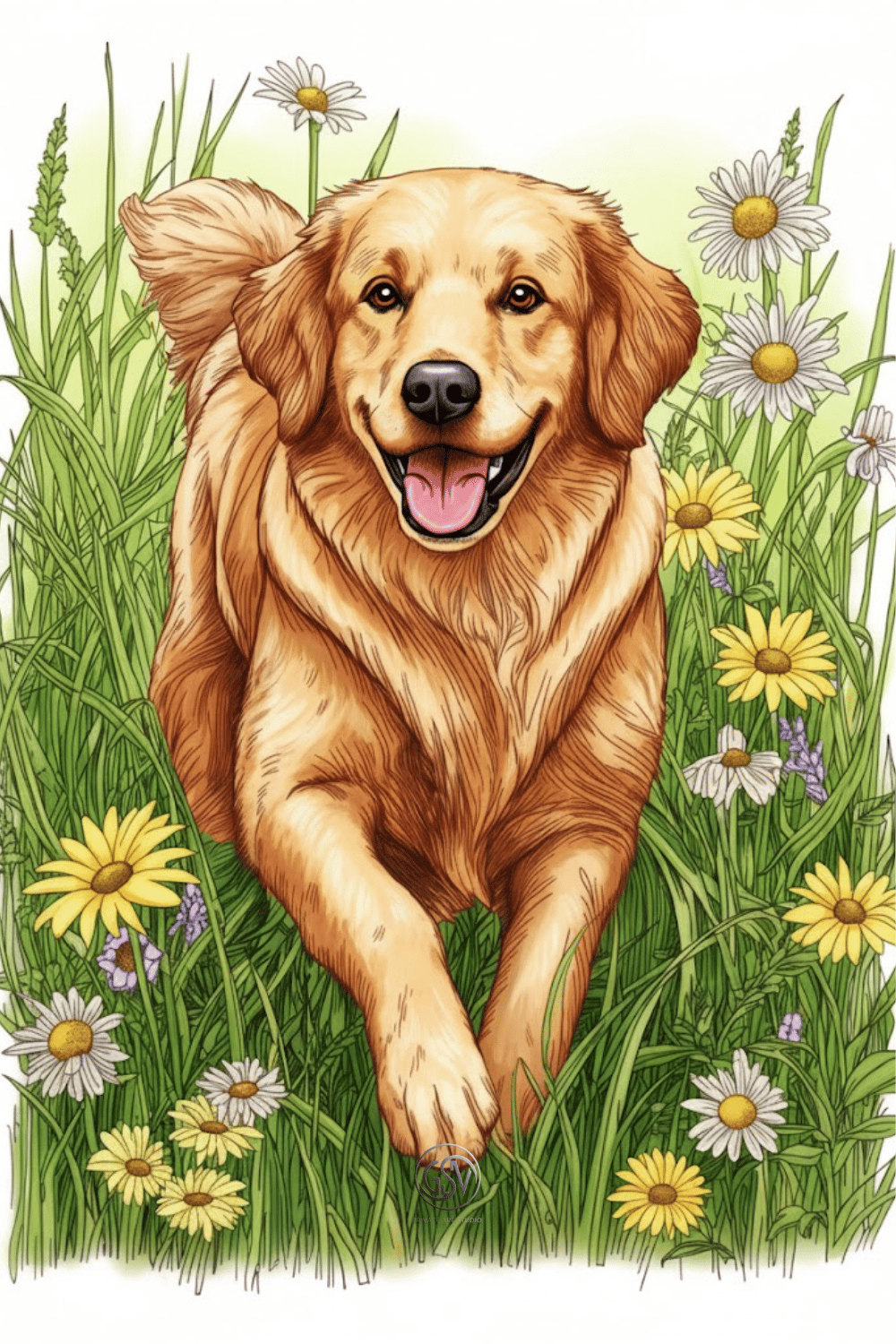 Colored illustration of a golden retriever running through daisies and wildflowers, printable animal wall art