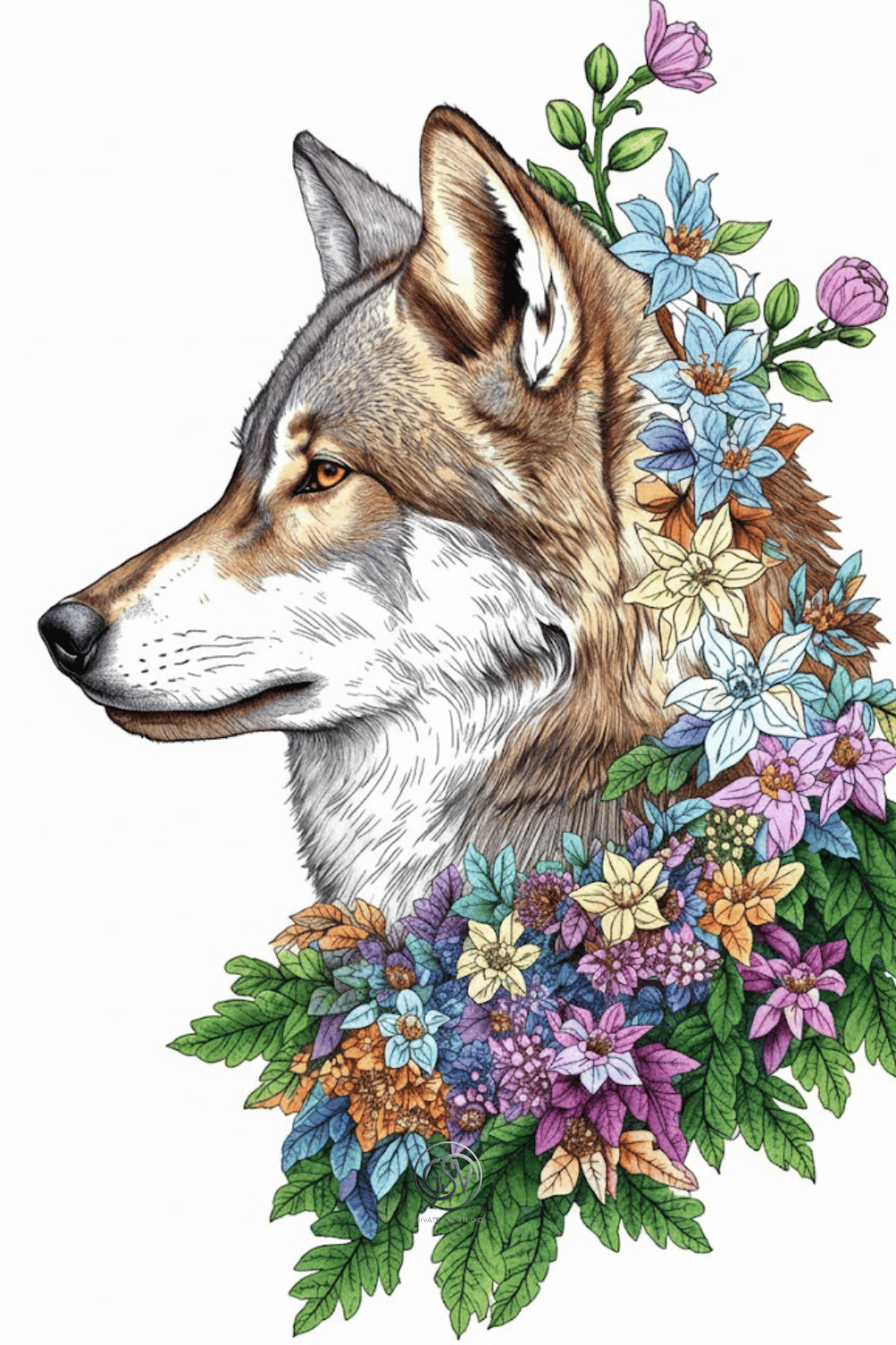 Colored illustration of a wolfs profile adorned with a cascade of colorful flowers, printable animal wall art