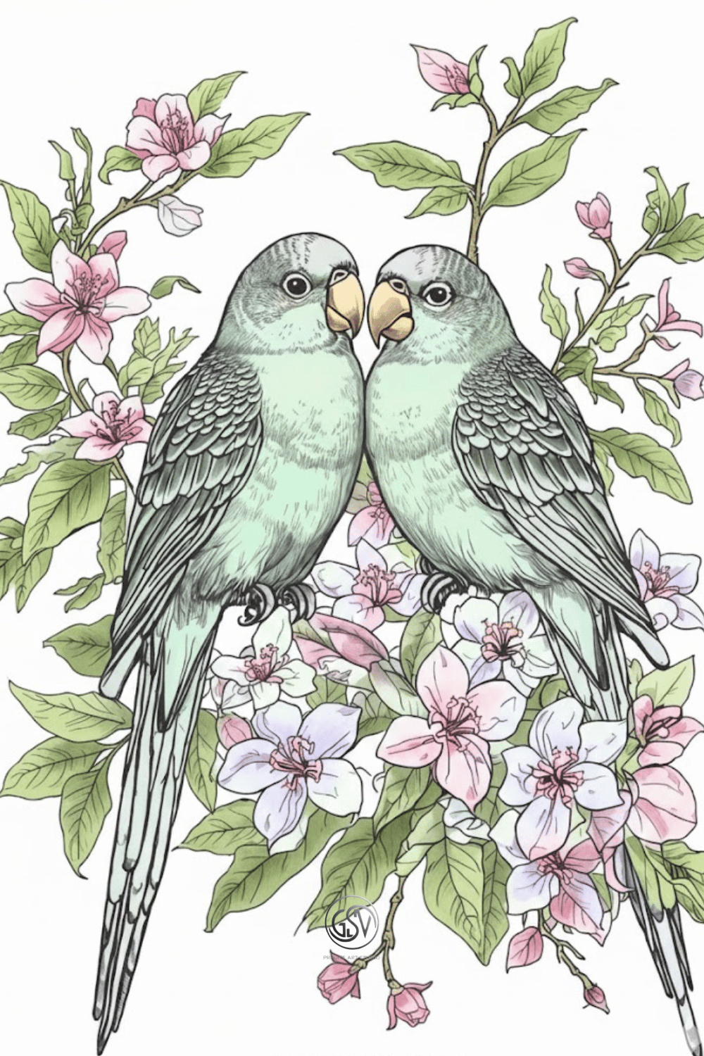 Colored illustration of two parakeets perched among pink blossom flowers, printable animal wall art