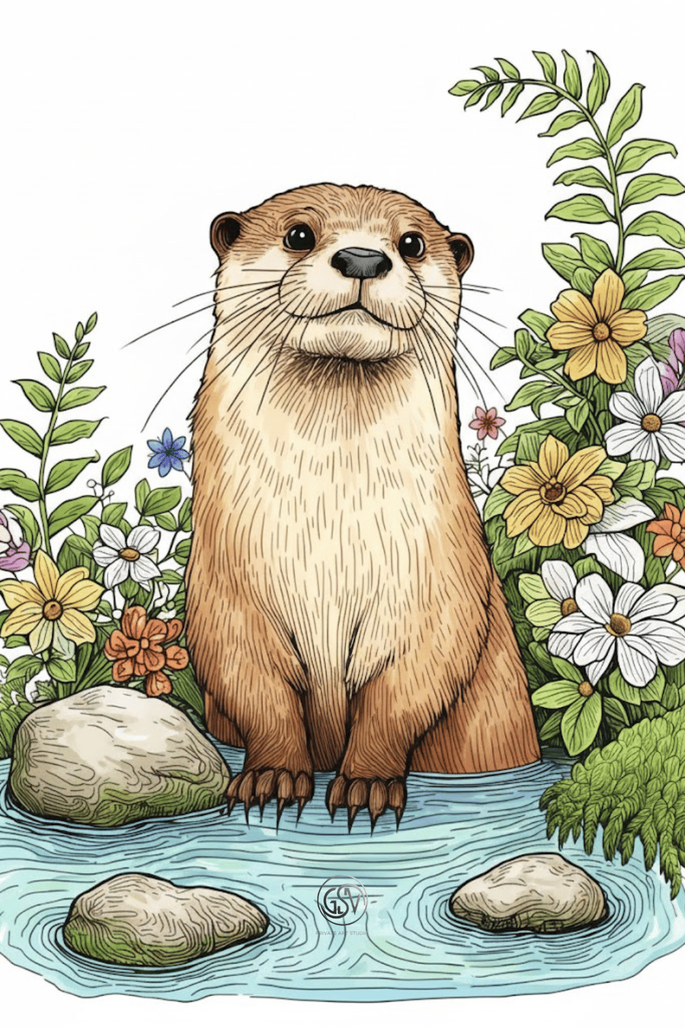 Colored illustration of an otter sitting among rocks and wildflowers by the water, printable animal wall art