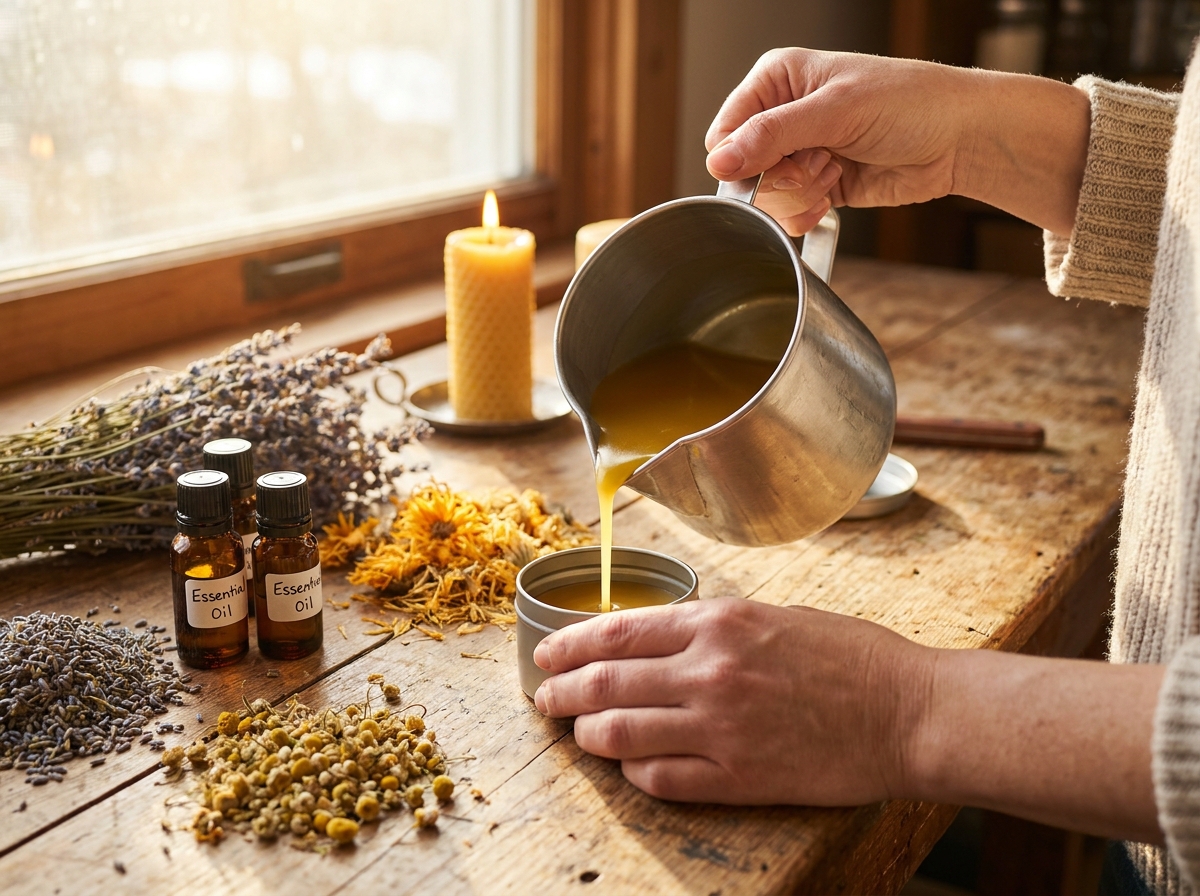 Pouring melted golden beeswax into a mold to make natural home products.