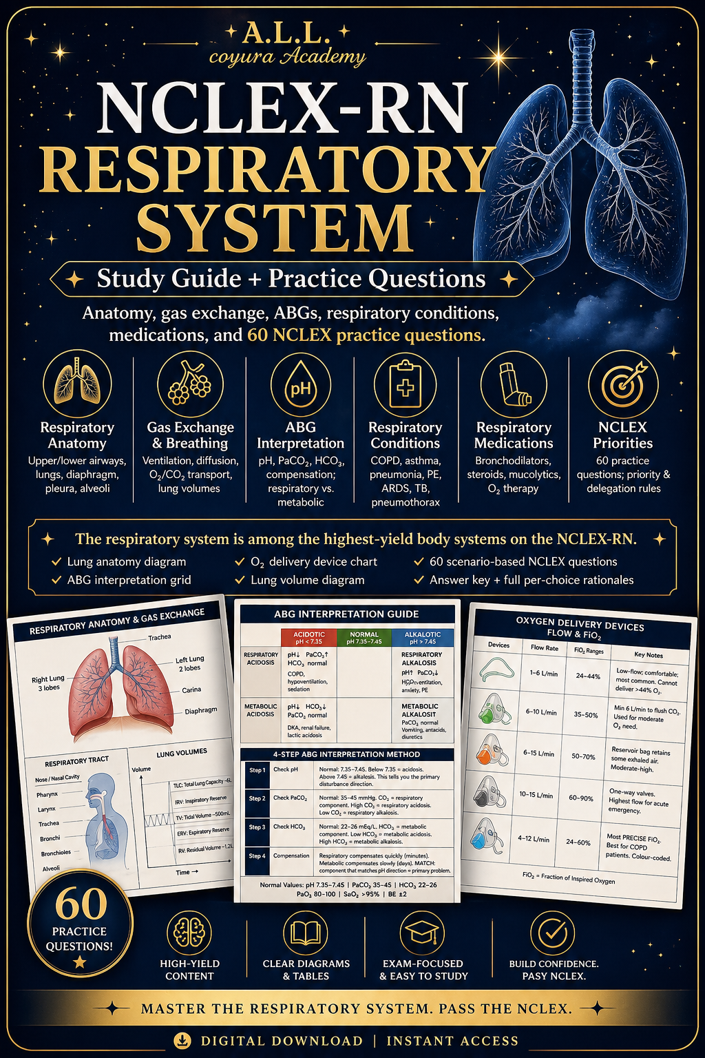 NCLEX-RN Respiratory System Study Guide | Respiratory Anatomy, ABGs, Gas Exchange, Oxygen Therapy, Respiratory Medications, 60 Practice Questions | Nursing School PDF