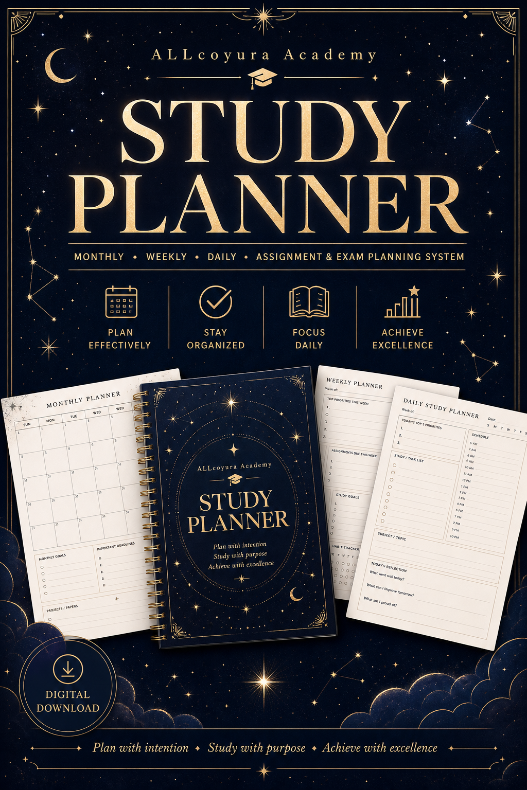 ALLcoyura Academy Study Planner | Digital Student Planner PDF | College Study Organizer | Weekly & Monthly Academic Planner | Assignment & Exam Tracker