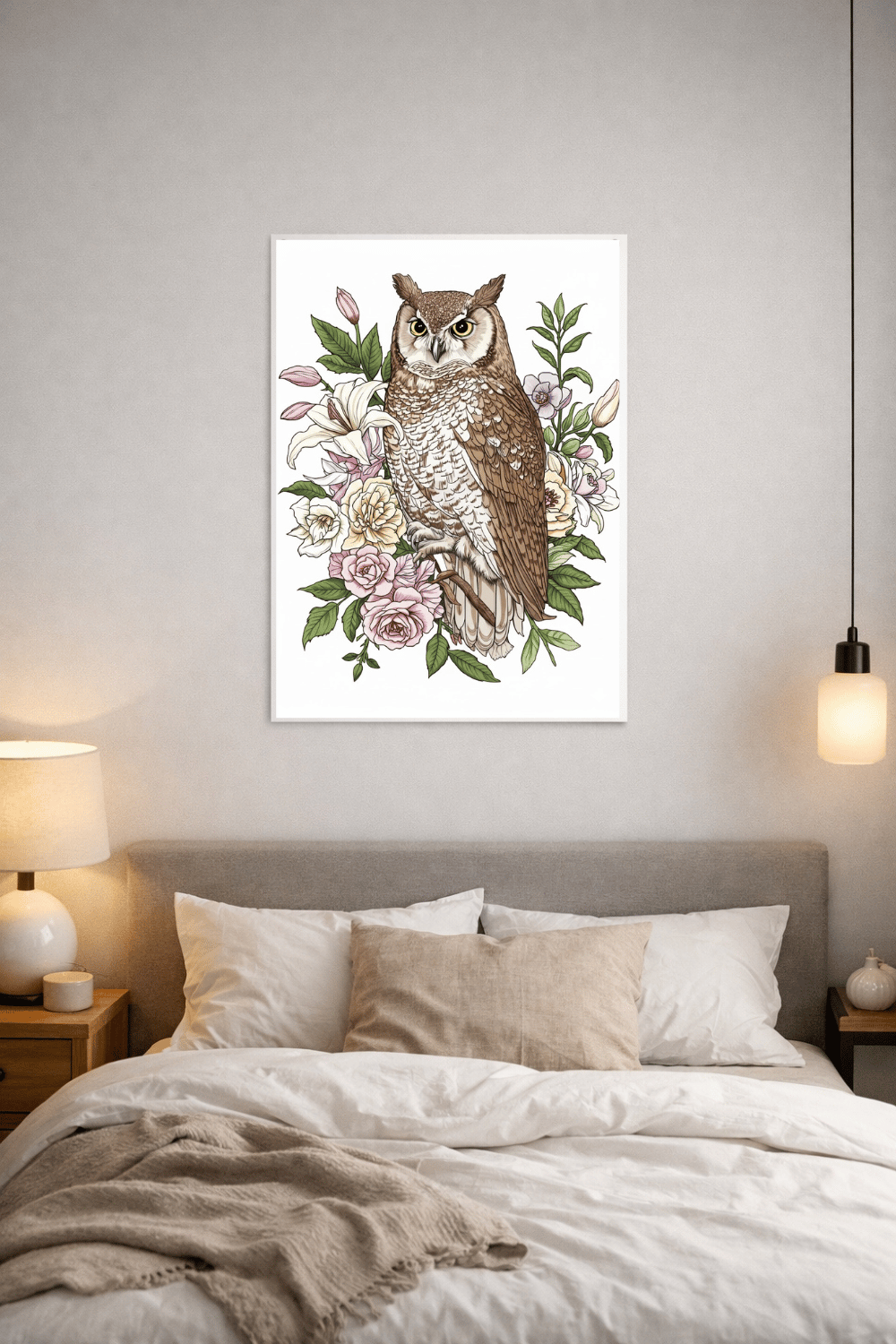 Image 1 (сова в спальне): Framed owl illustration surrounded by flowers displayed above a bed in a modern bedroom, printable wall art mockup