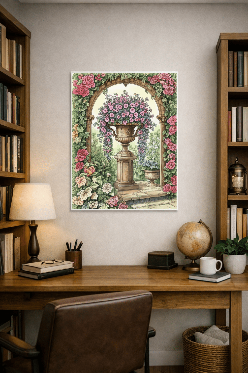 Framed illustration of a flower urn under a rose archway displayed above a desk in a home office, printable wall art mockup