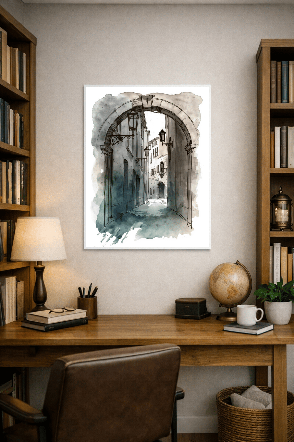 Framed ink and watercolor sketch of an archway alley displayed above a desk in a home office, printable wall art mockup