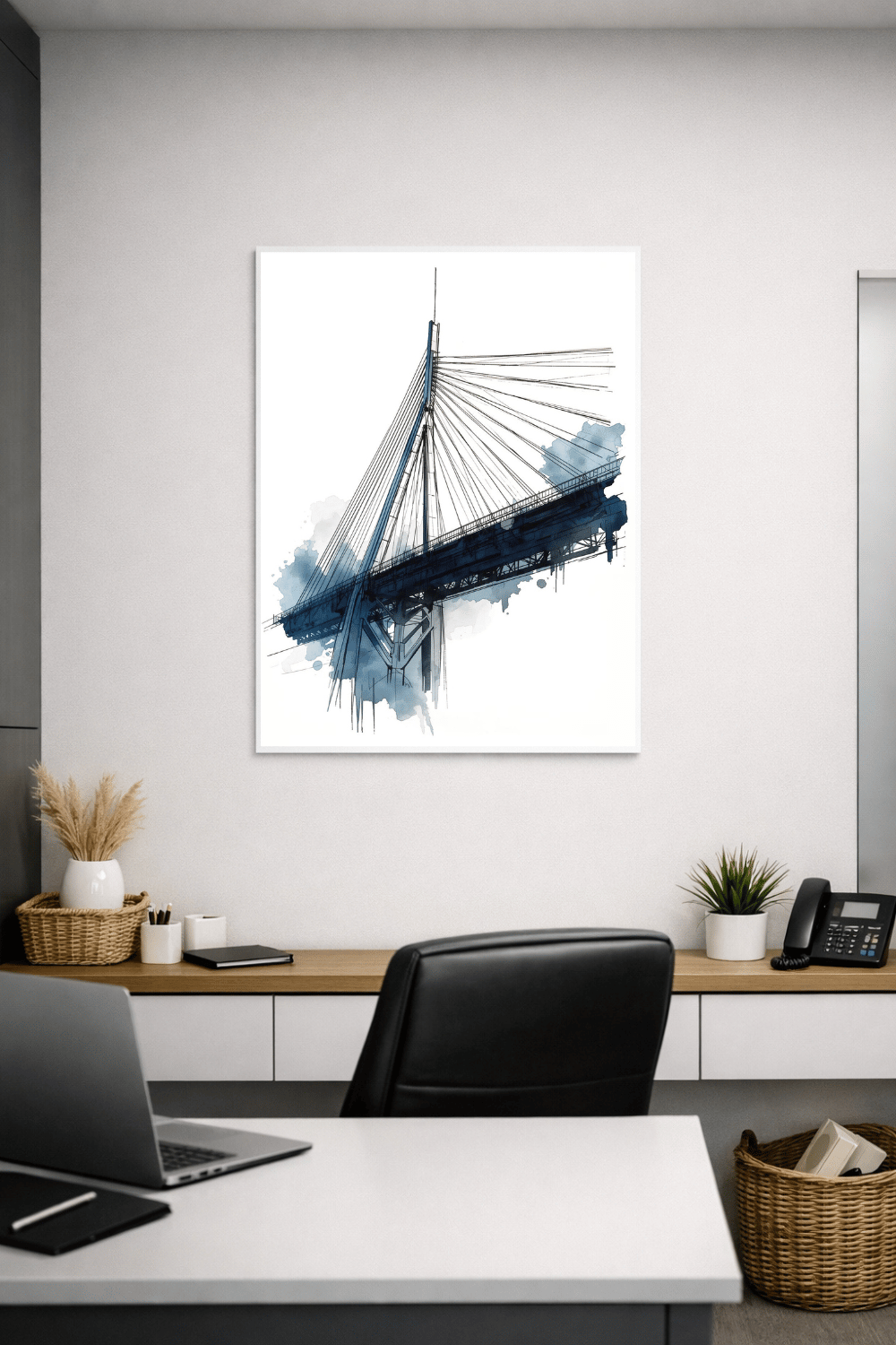 Framed ink and watercolor sketch of a suspension bridge displayed above a desk in a modern office, printable wall art mockup