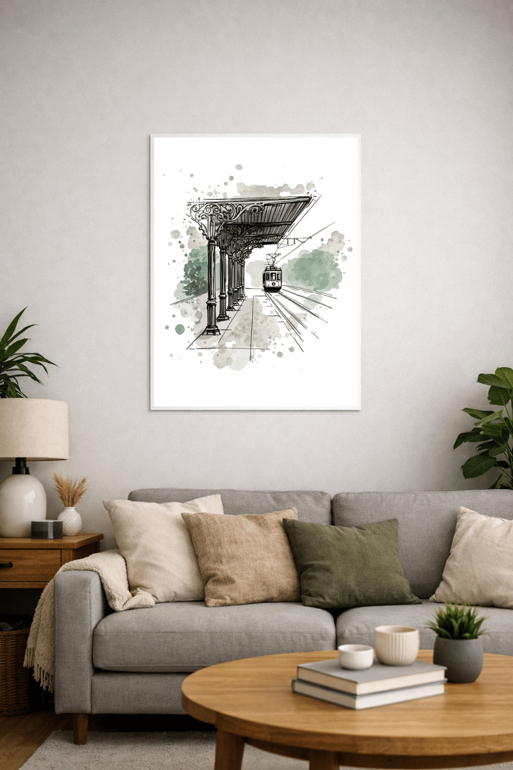Framed ink and watercolor sketch of a vintage tram under an iron colonnade displayed above a sofa in a living room, printable wall art mockup