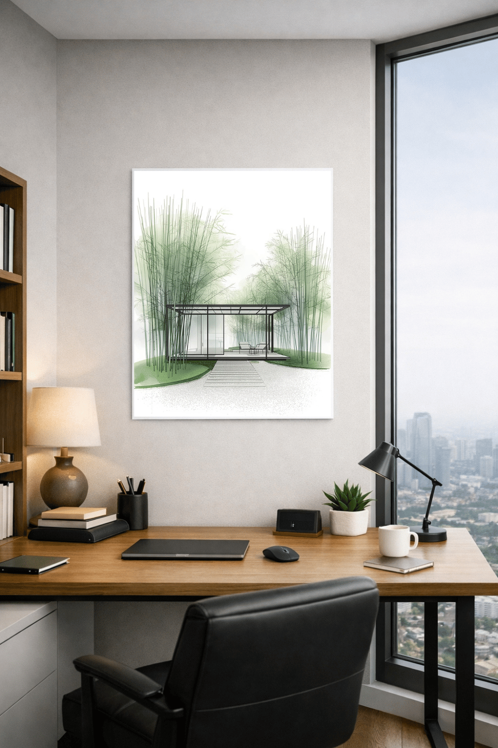 Framed illustration of a glass pavilion in a bamboo grove displayed above a desk in a modern high-rise office