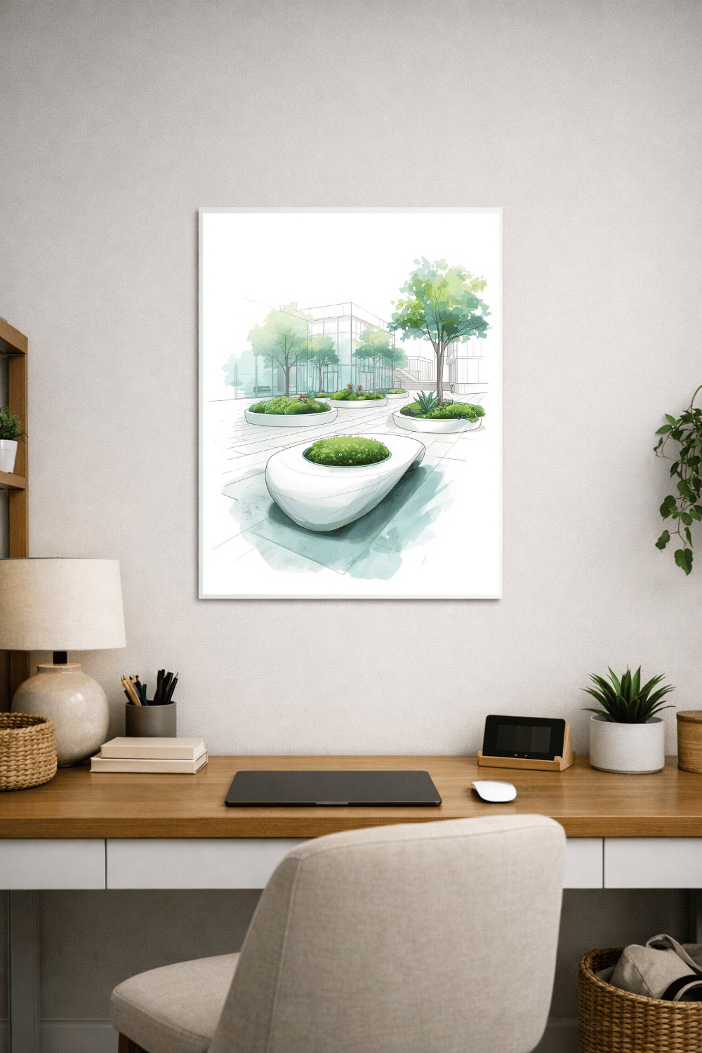 Framed illustration of modern courtyard planters and trees displayed above a desk in a minimalist home office