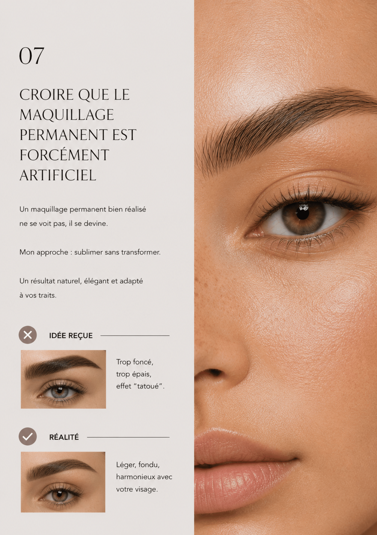 Comparaison entre une idée reçue et le résultat naturel dun maquillage permanent des sourcils.