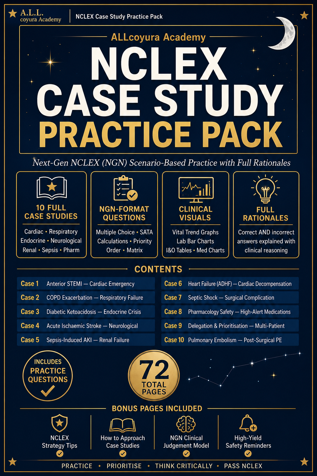 NCLEX Case Study Practice Pack | 72-Page NGN NCLEX Workbook | 10 Unfolding Case Studies with Rationales | Next-Gen NCLEX Practice Questions | Nursing Student Digital PDF