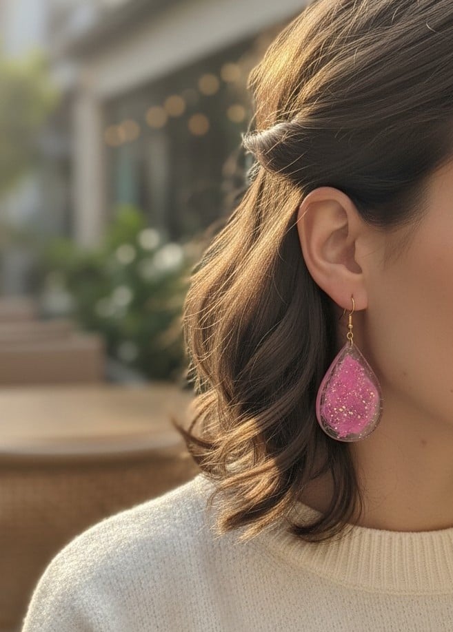 Model wearing handmade pink glitter teardrop resin drop earrings