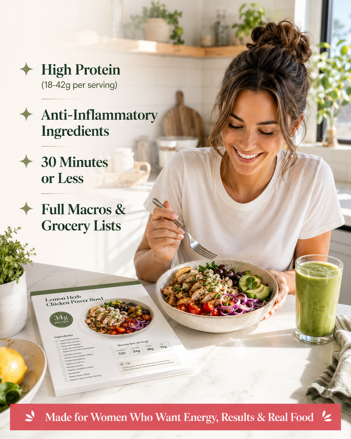 The Glow Fuel Kitchen: 67 High-Protein Anti-Inflammatory Recipes + 4-Week Meal Plan, Grocery Lists & Macro Guide — 30-Minute Meals for Women (Digital Cookbook PDF + Interactive Edition)