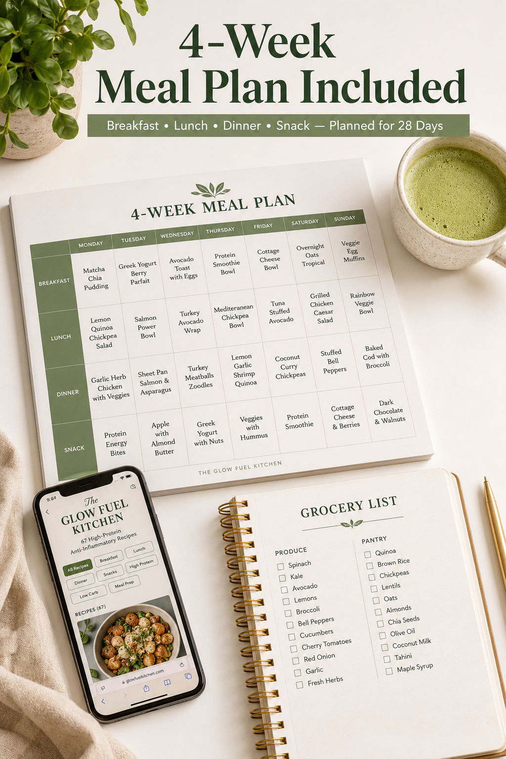 The Glow Fuel Kitchen: 67 High-Protein Anti-Inflammatory Recipes + 4-Week Meal Plan, Grocery Lists & Macro Guide — 30-Minute Meals for Women (Digital Cookbook PDF + Interactive Edition)