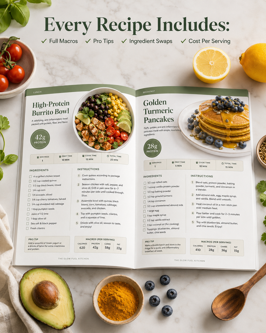 The Glow Fuel Kitchen: 67 High-Protein Anti-Inflammatory Recipes + 4-Week Meal Plan, Grocery Lists & Macro Guide — 30-Minute Meals for Women (Digital Cookbook PDF + Interactive Edition)