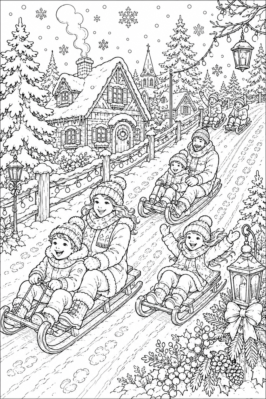Winter Wonderland coloring page - family sledding through a snowy Christmas village with cottages and lanterns