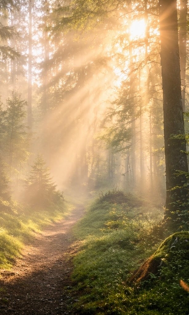 A peaceful forest path illuminated by sunlight, symbolizing awakening, remembrance, hope, and the journey home to your true self.