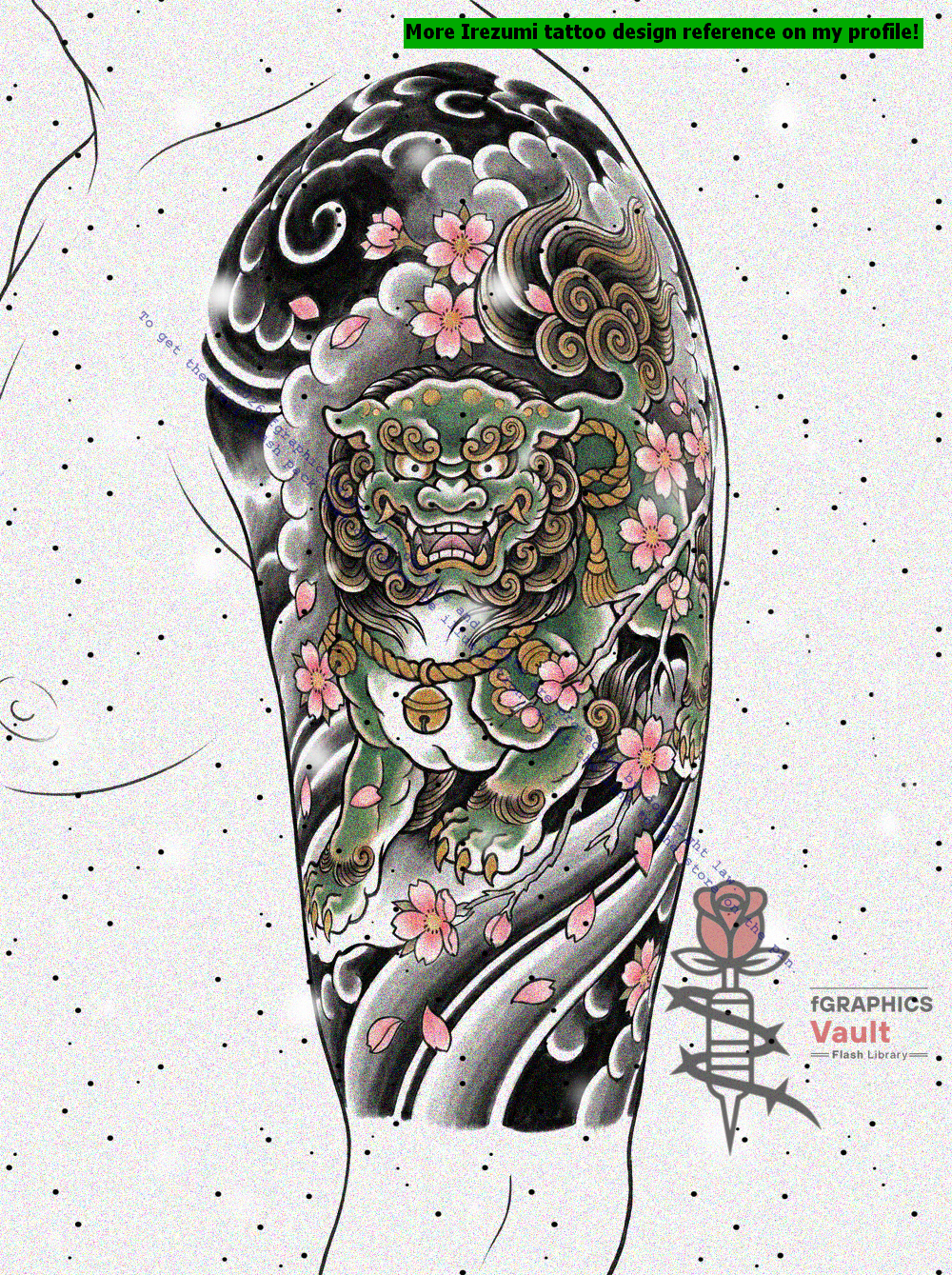 Japanese Foo Dog upper arm layout reference illustrating different compositional approaches for traditional tattoo design.