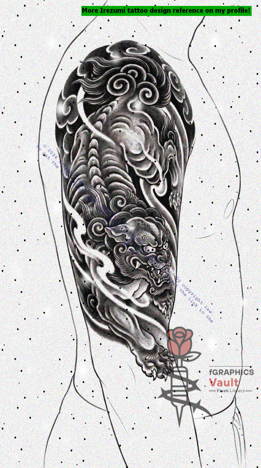 Professional tattoo composition guide featuring ten Shisa upper arm variations with authentic Japanese design principles.