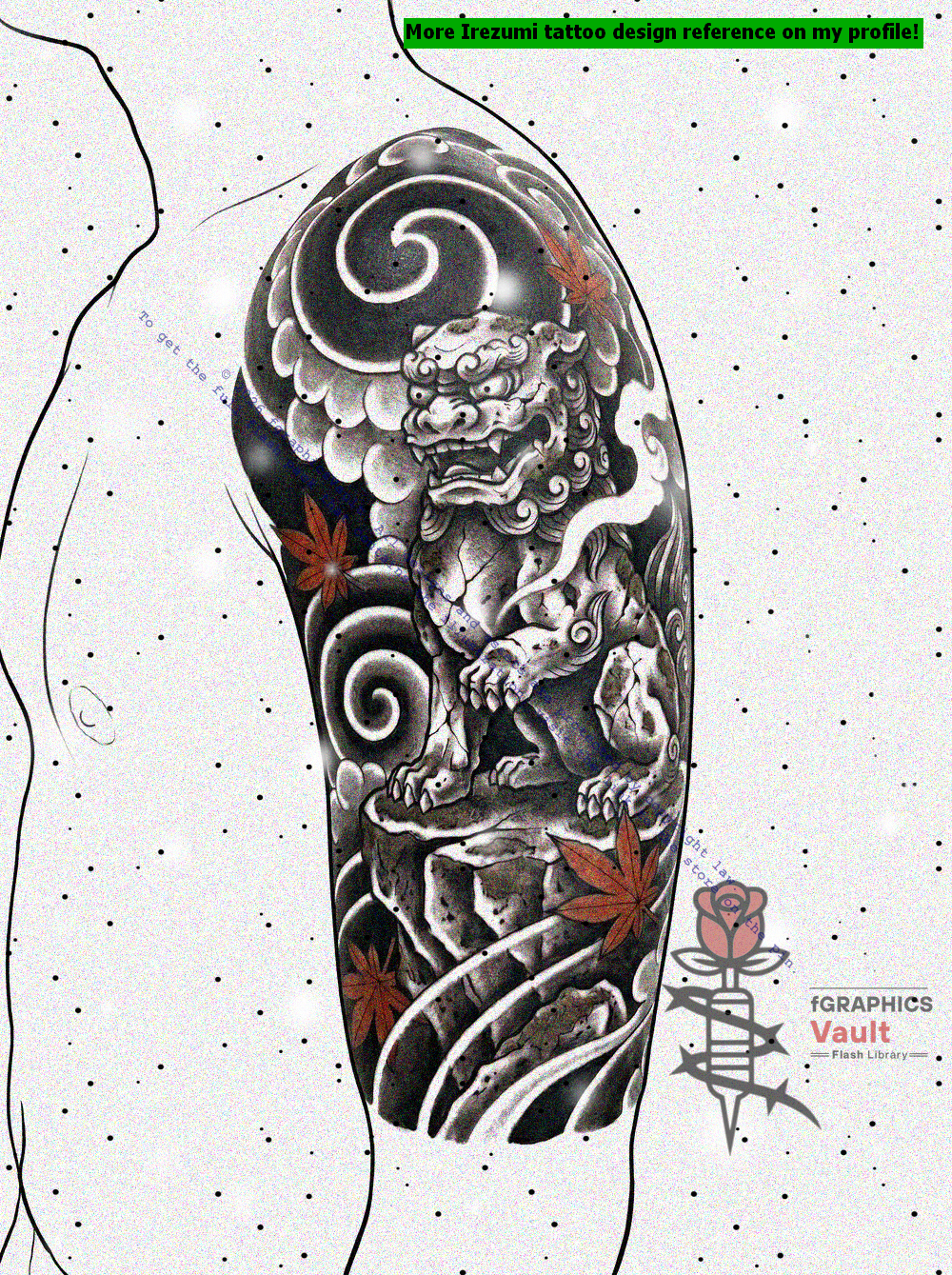 Traditional irezumi Shisa sleeve composition study explaining focal point placement, negative space, and anatomical flow.