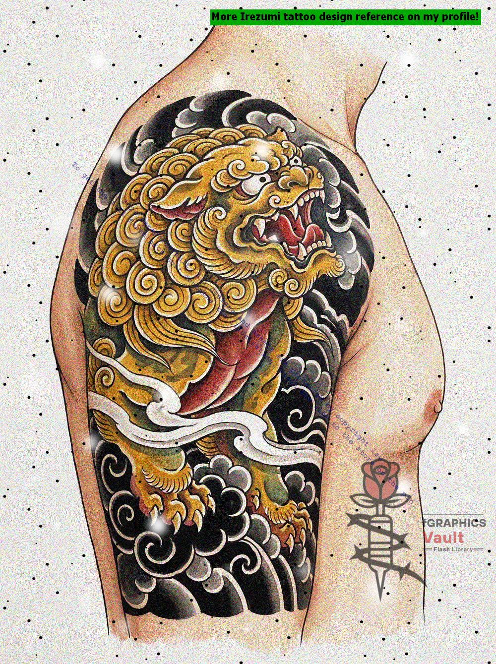 Educational Japanese tattoo reference showing multiple Shisa upper arm layouts with composition analysis and design annotations.