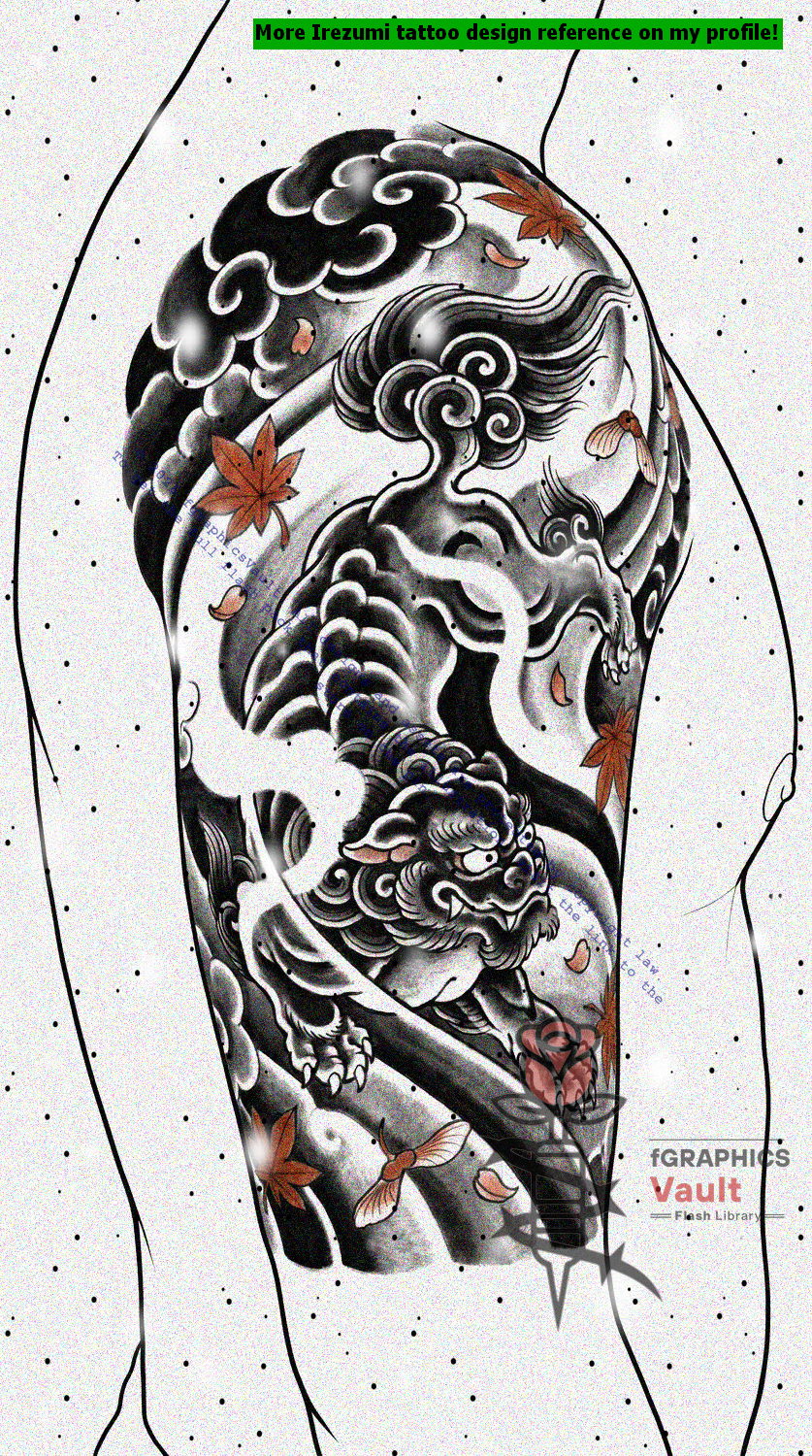 Annotated Shisa tattoo composition reference demonstrating body flow, shoulder weight, and background layering for upper arm tattoos.