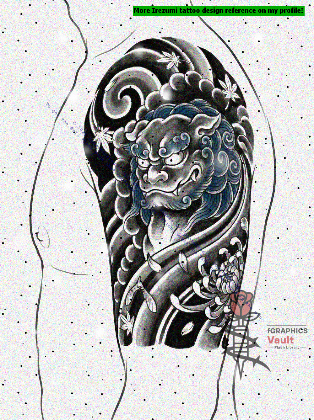 Educational irezumi layout guide comparing multiple Shisa upper arm compositions with practical design insights.