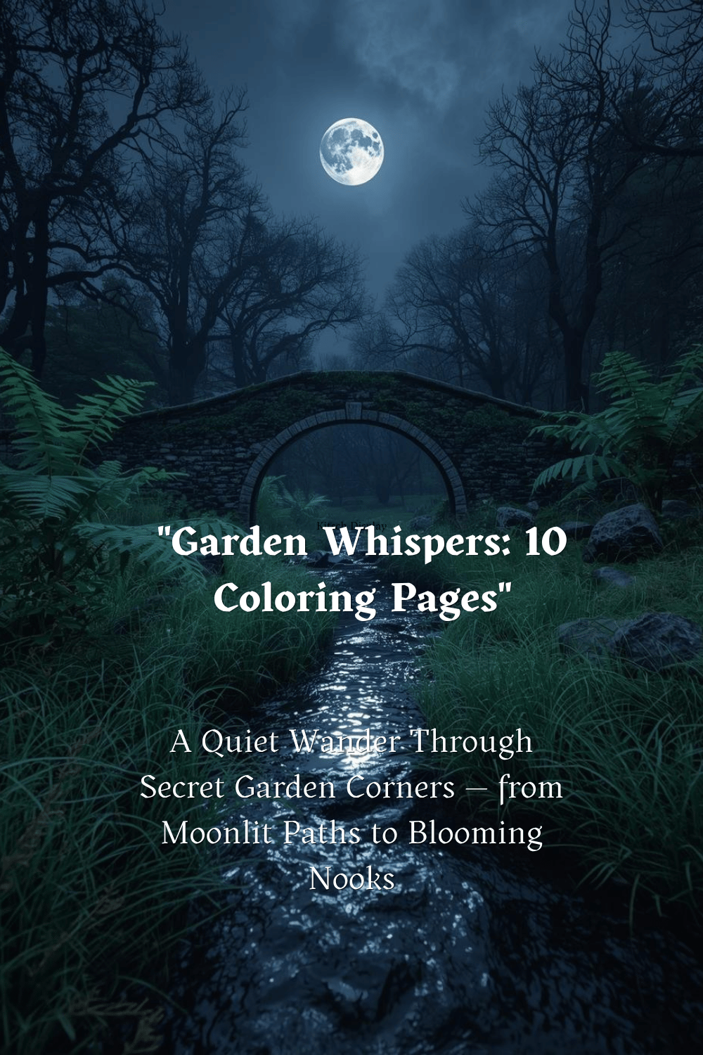 "Book cover for Garden Whispers: 10 Coloring Pages — a moonlit stone bridge over a garden stream, framed by bare trees and a full moon, with the title displayed over a dark night sky"