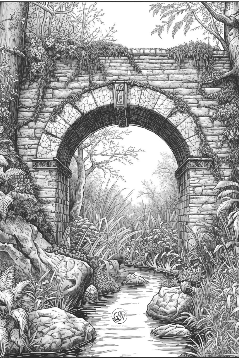"Coloring page of an old stone archway bridge over a garden stream, surrounded by ferns and wild grasses"