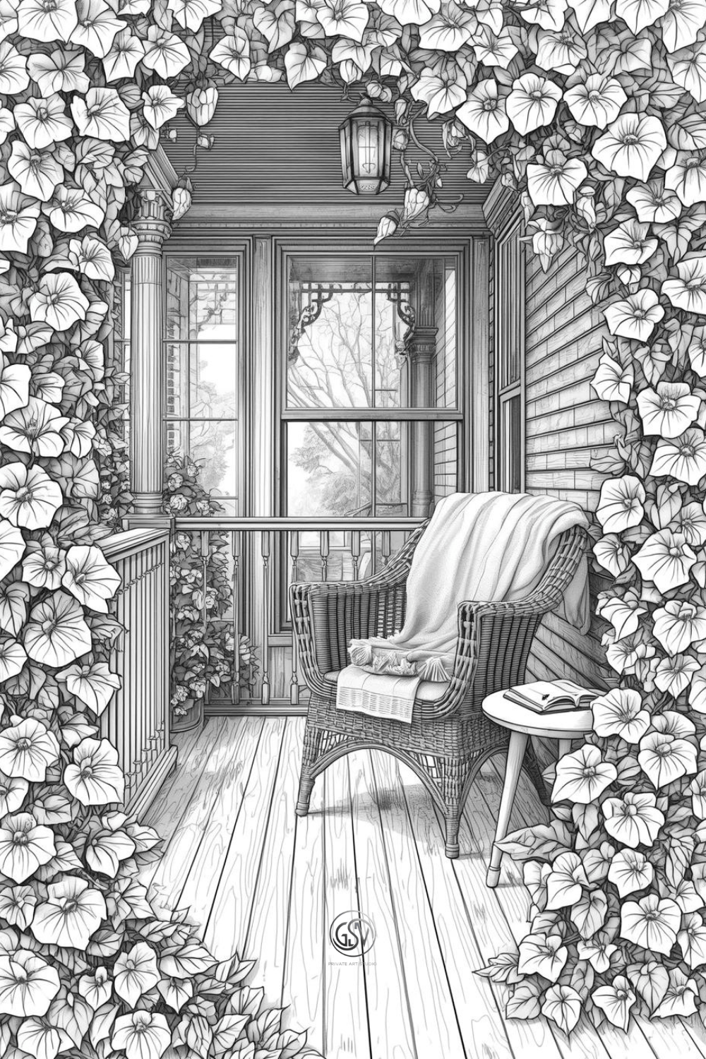 "Coloring page of a wicker chair with a blanket on a garden porch, framed by climbing morning glory flowers"