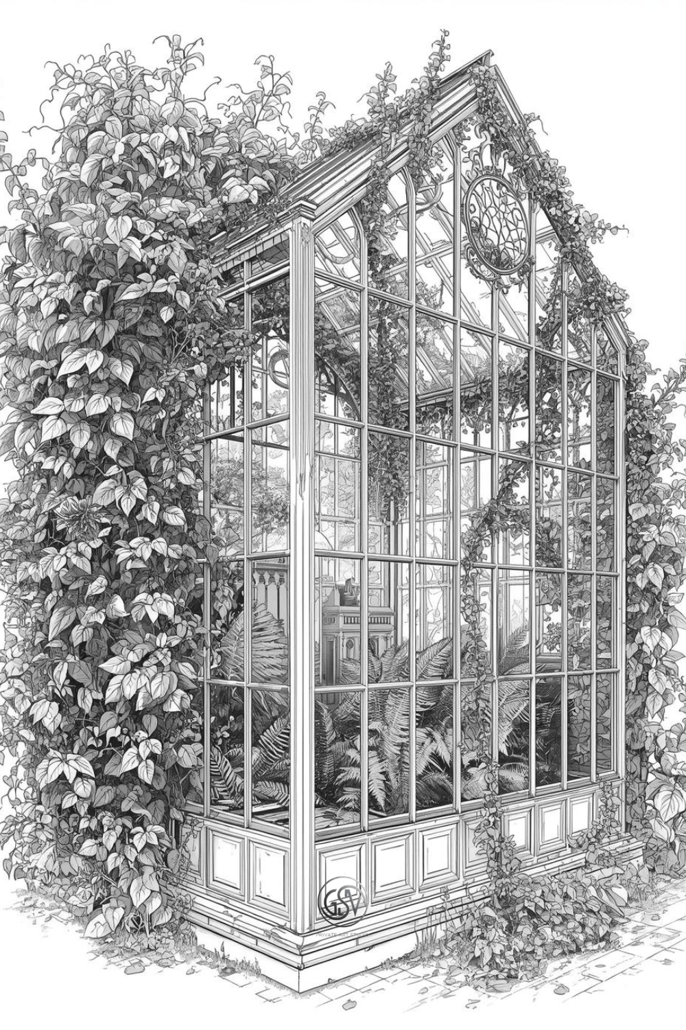"Coloring page of a glass garden greenhouse covered in climbing ivy and ferns"