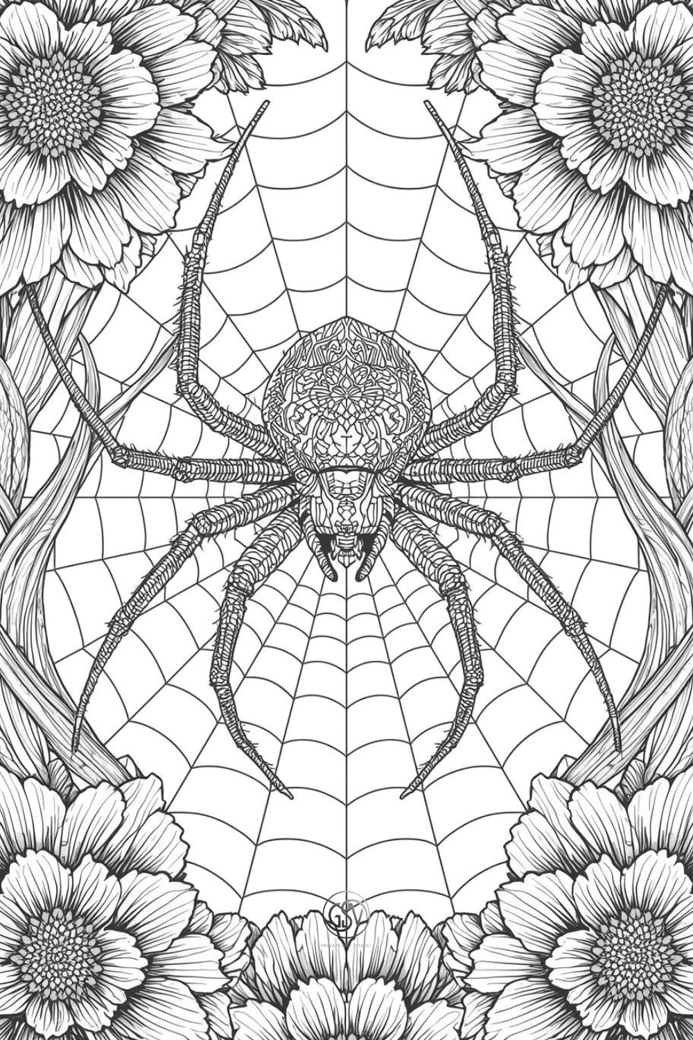 "Coloring page of a detailed ornamental spider on its web, framed by large garden flowers"
