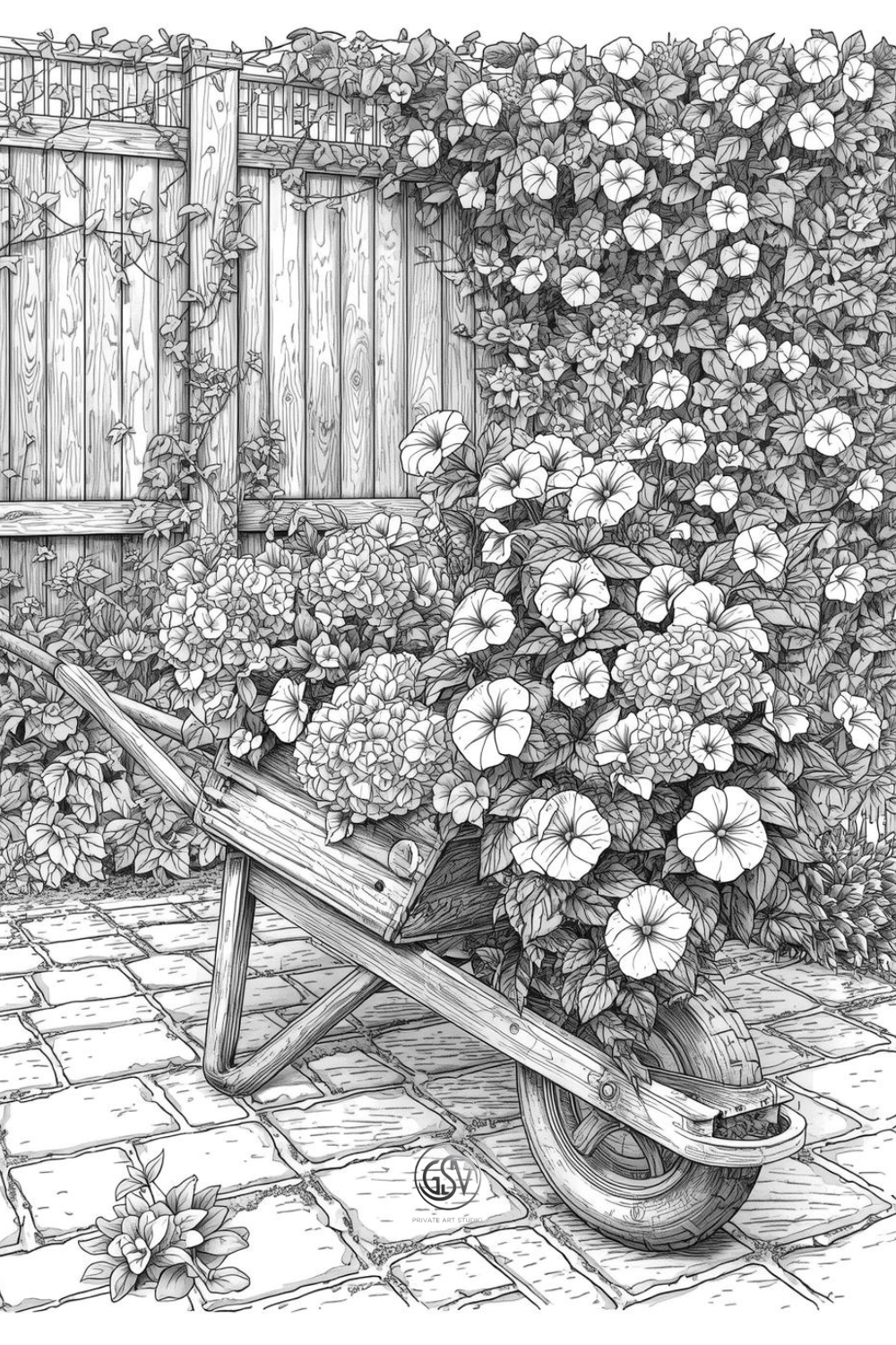 "Coloring page of a wooden garden wheelbarrow overflowing with hydrangeas and petunias by a wooden fence"