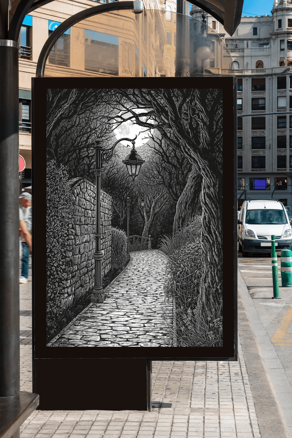 "Coloring page of a moonlit stone garden path lined with a stone wall, hanging lantern, and bare tree branches under a full moon"